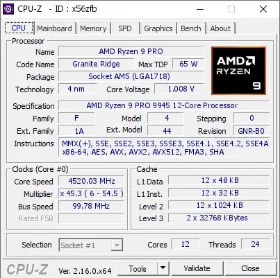 AMD Ryzen 9 PRO 9945的CPU-Z跑分