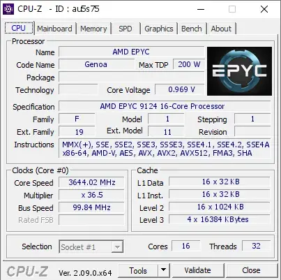 AMD EPYC 9124的CPU-Z跑分