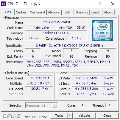 Intel Core i5-7600T的CPU-Z跑分