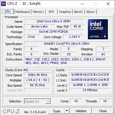 Intel Core Ultra 9 285H的CPU-Z跑分