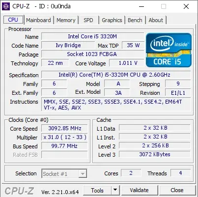 Intel Core i5-3320M CPU的CPU-Z跑分