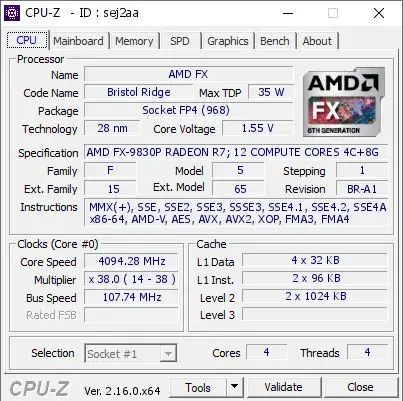 AMD FX-9830P RADEON R7; 12 COMPUTE CORES 4C+8G的CPU-Z跑分