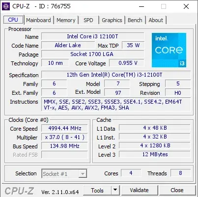 12th Gen Intel Core i3-12100T的CPU-Z跑分