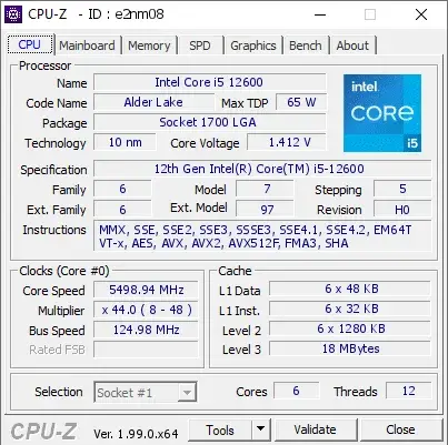 12th Gen Intel Core i5-12600的CPU-Z跑分