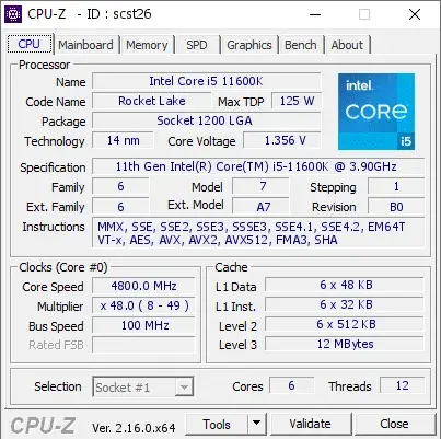 11th Gen Intel Core i5-11600K的CPU-Z跑分