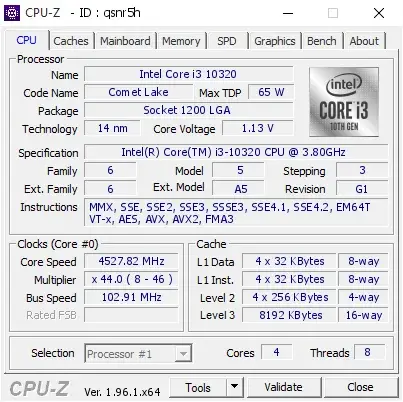Intel Core i3-10320的CPU-Z跑分