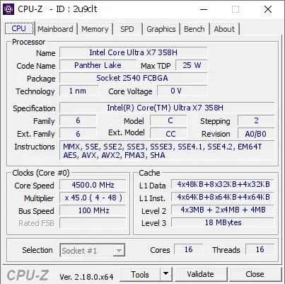 Intel Core Ultra X7 358H的CPU-Z跑分
