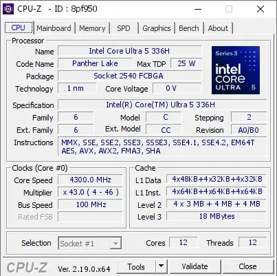 Intel Core Ultra 5 336H的CPU-Z跑分
