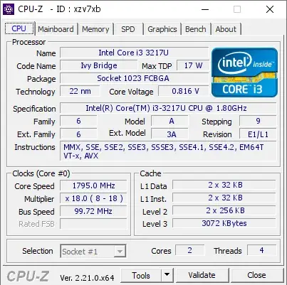 Intel Core i3-3217U CPU的CPU-Z跑分