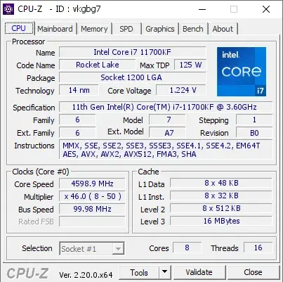 11th Gen Intel Core i7-11700KF的CPU-Z跑分