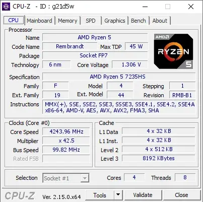 AMD Ryzen 5 7235HS的CPU-Z跑分
