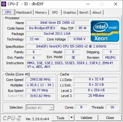 Intel Xeon E5-2650 v2的CPU-Z跑分