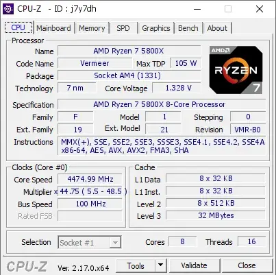 AMD Ryzen 7 5800X的CPU-Z跑分