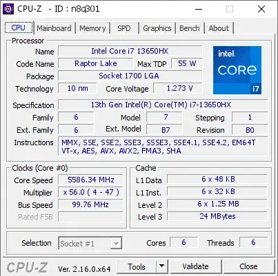 13th Gen Intel Core i7-13650HX的CPU-Z跑分