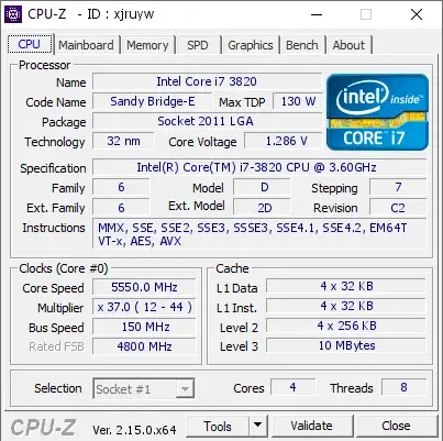 Intel Core i7-3820的CPU-Z跑分