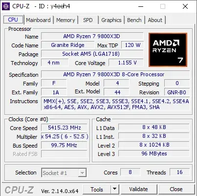 AMD Ryzen 7 9800X3D的CPU-Z跑分