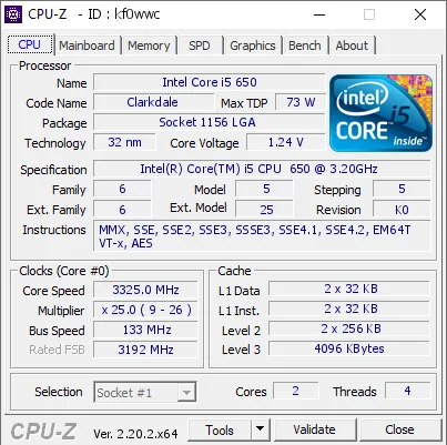 Intel Core i5 650的CPU-Z跑分