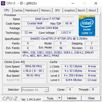 Intel Core i7-4770R的CPU-Z跑分