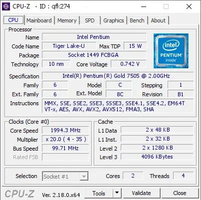 Intel Pentium Gold 7505的CPU-Z跑分