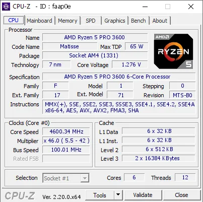 AMD Ryzen 5 PRO 3600的CPU-Z跑分
