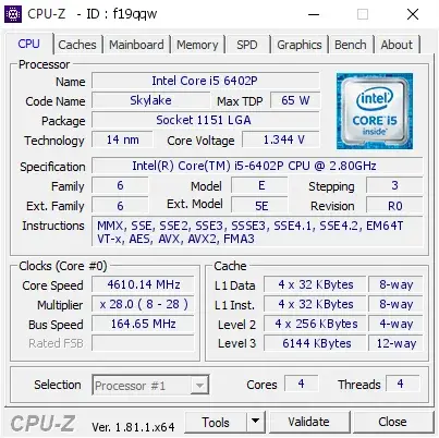 Intel Core i5-6402P的CPU-Z跑分