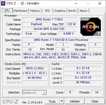 AMD Ryzen 7 7700X3D的CPU-Z跑分