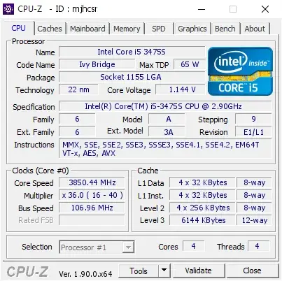 Intel Core i5-3475S的CPU-Z跑分