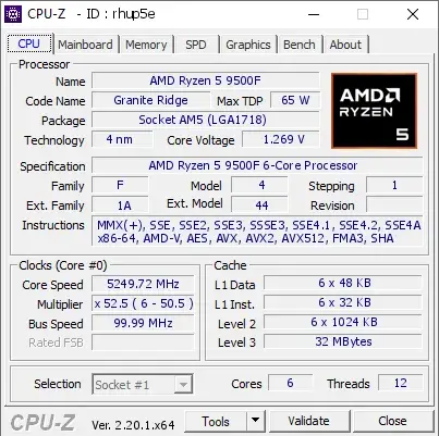AMD Ryzen 5 9500F的CPU-Z跑分