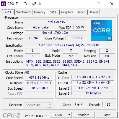 12th Gen Intel Core i5-12450HX的CPU-Z跑分