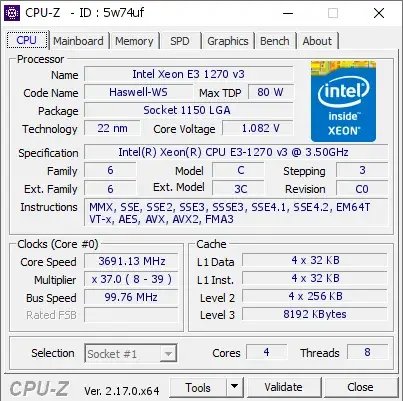 Intel Xeon E3-1270 v3的CPU-Z跑分