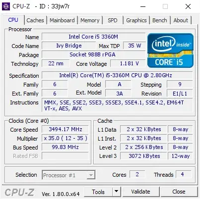 Intel Core i5-3360M的CPU-Z跑分