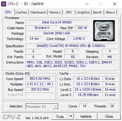 Intel Core i9-9900X的CPU-Z跑分