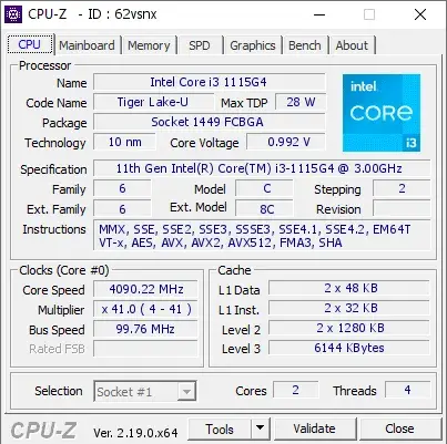 11th Gen Intel Core i3-1115G4的CPU-Z跑分