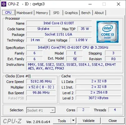 Intel Core i3-6100T的CPU-Z跑分