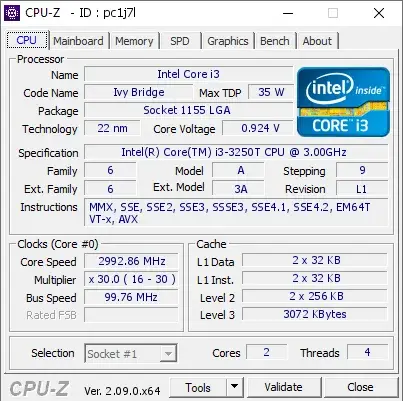 Intel Core i3-3250T的CPU-Z跑分