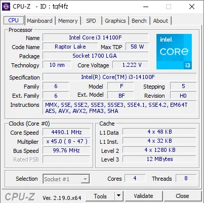 Intel Core i3-14100F的CPU-Z跑分