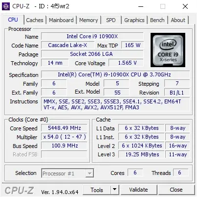 Intel Core i9-10900X的CPU-Z跑分