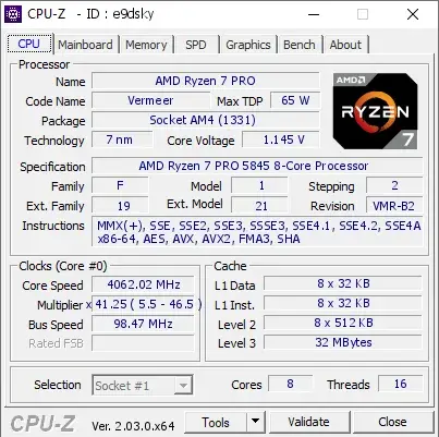 AMD Ryzen 7 PRO 5845的CPU-Z跑分