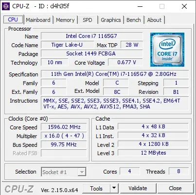 11th Gen Intel Core i7-1165G7的CPU-Z跑分