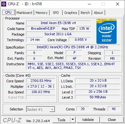 Intel Xeon E5-2698 v4的CPU-Z跑分