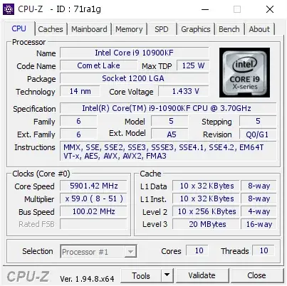 Intel Core i9-10900KF的CPU-Z跑分