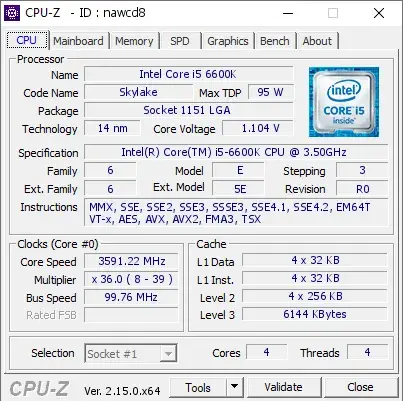 Intel Core i5-6600K CPU的CPU-Z跑分