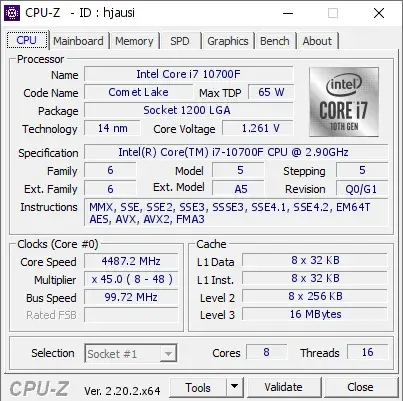 Intel Core i7-10700F CPU的CPU-Z跑分