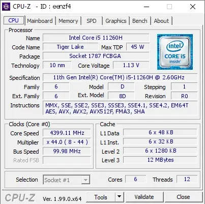 11th Gen Intel Core i5-11260H的CPU-Z跑分