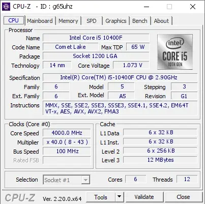 Intel Core i5-10400F CPU的CPU-Z跑分