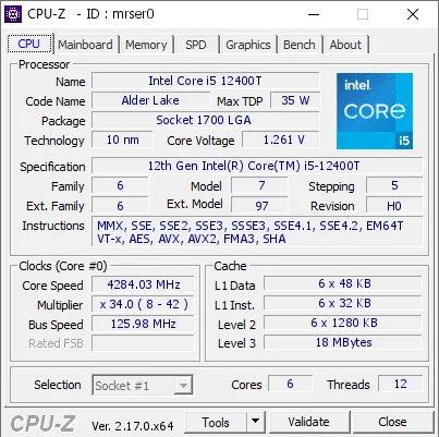 12th Gen Intel Core i5-12400T的CPU-Z跑分