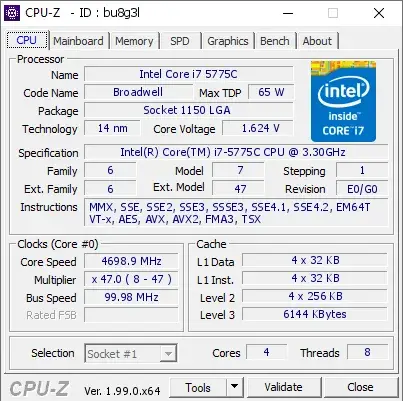 Intel Core i7-5775C的CPU-Z跑分