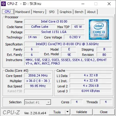 Intel Core i3-8100 CPU的CPU-Z跑分