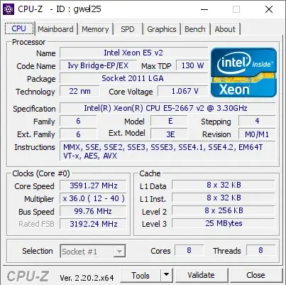 Intel Xeon E5-2667 v2的CPU-Z跑分