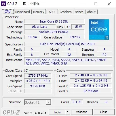 12th Gen Intel Core i5-1235U的CPU-Z跑分